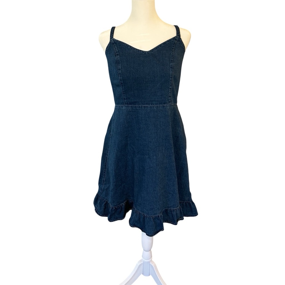 Old Navy Denim Dress, Blue Cotton Adjustable Strap Ruffled Mini Dress, Small